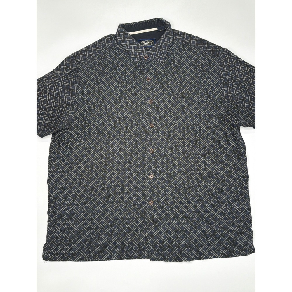Nat Nast Mens Silk Cotton Blend Geometric Print Short Sleeve Button Up Shirt XL